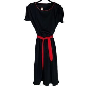 Vintage black short sleeve midi dress red belt trim pleated skirt